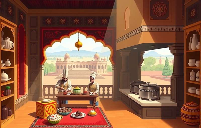JalebiJourney - Historical Journey Mode Concept art for JalebiJourney historical expansion showing Mughal court kitchen with chefs preparing traditional sweets