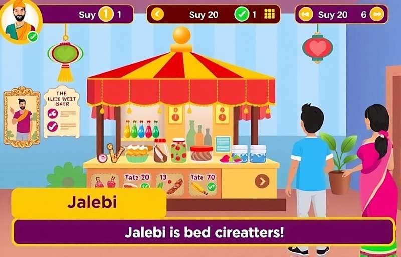 JalebiJourney - Sweet Shop Simulation JalebiJourney gameplay showing virtual Indian market with sweet shop and customers waiting to buy jalebi