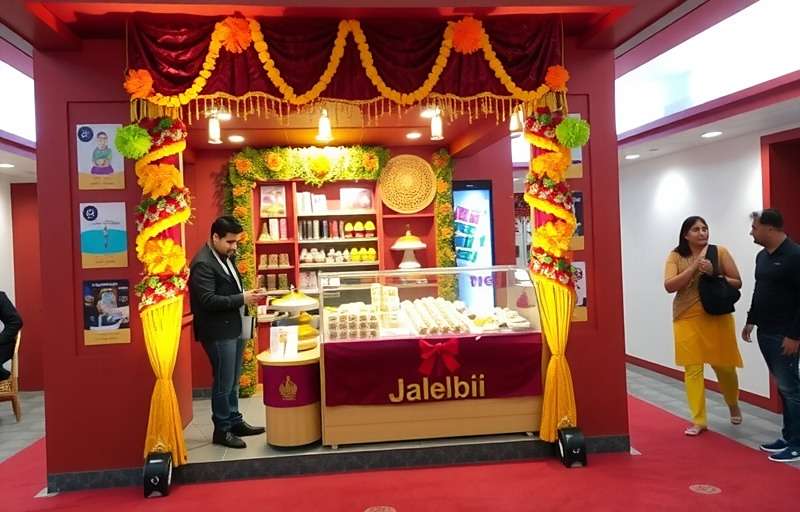 JalebiJourney - Diwali Mithai Mela JalebiJourney Diwali event showing decorated sweet shop with special Diwali sweets and customers in festive clothes