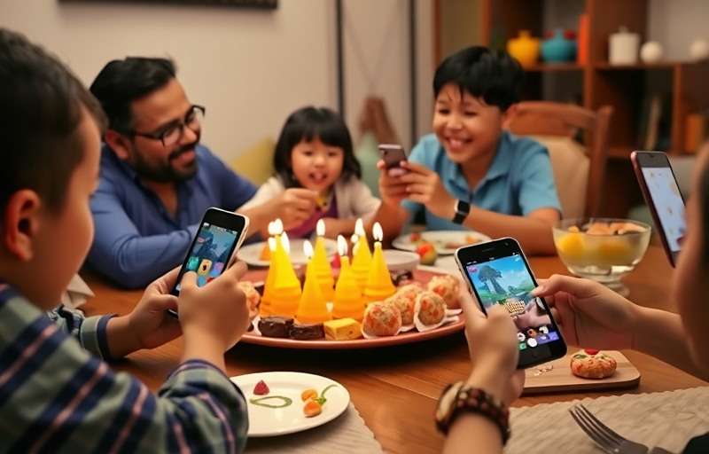 JalebiJourney - Family Gaming Experience Family playing JalebiJourney together on mobile phones with plate of real jalebi and Indian sweets on the table